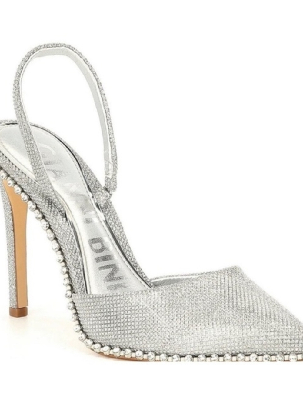 Gianni Bini Women's Kahleaa rhinestone trim stiletto heels in silver Size 6.5
